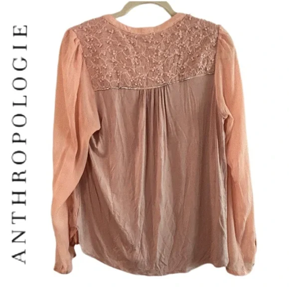 Tiny by Anthropologie Pink Tie Neck Long Sleeve Peasant Blouse Size Medium EUC - Picture 7 of 15